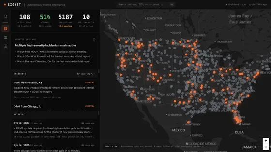 Signet dashboard showing active wildfire incidents across the United States